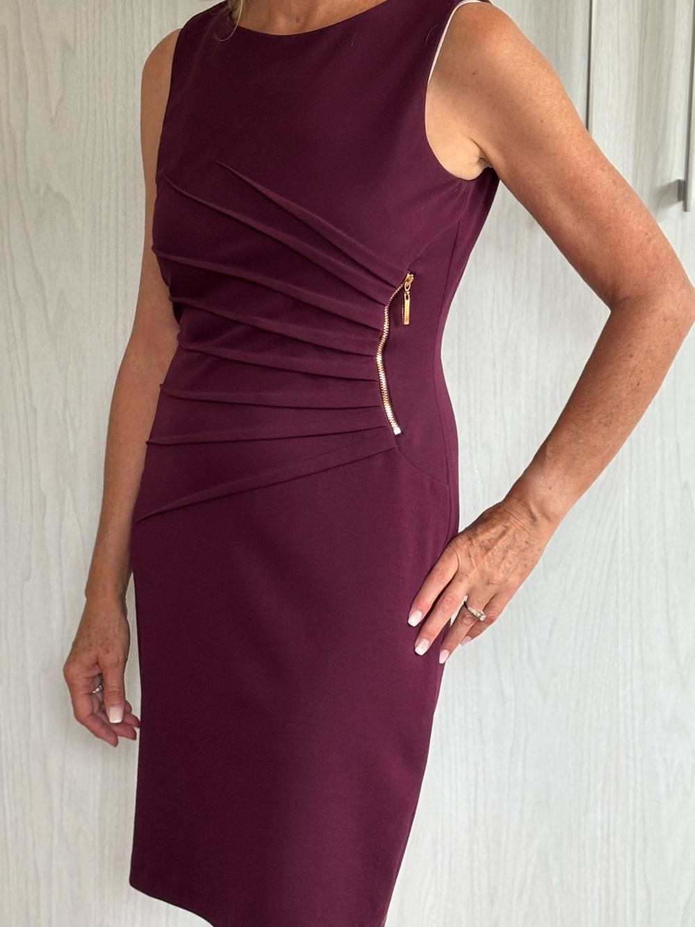 Ivanka Trump Sleeveless Ruched Midi Dress in Plum - Picture 2 of 5